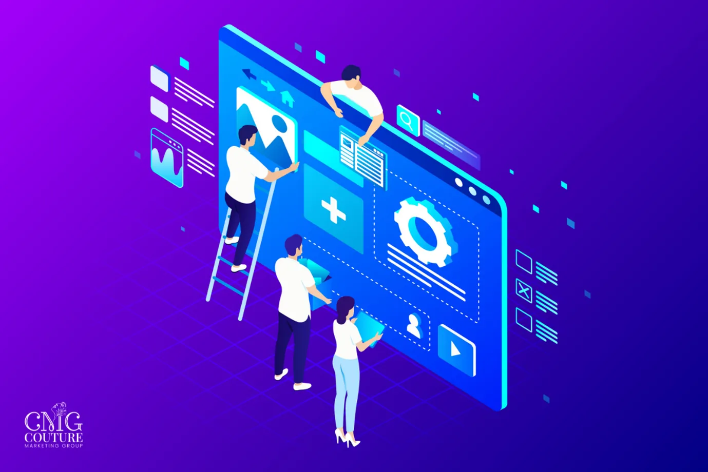 Group of professionals engaged in web development activities with a purple backdrop, emphasizing key components for 2025